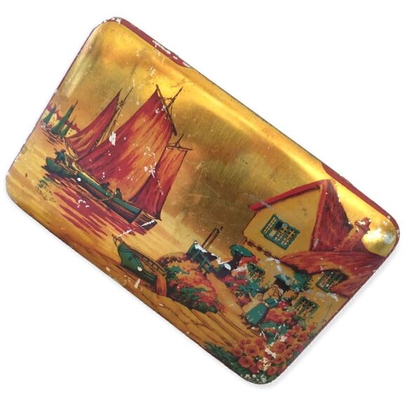 Blue Bird Toffee Tin Boat Village Design Hinged England Vtg Harry Vincent Candy. - Picture 11 of 16